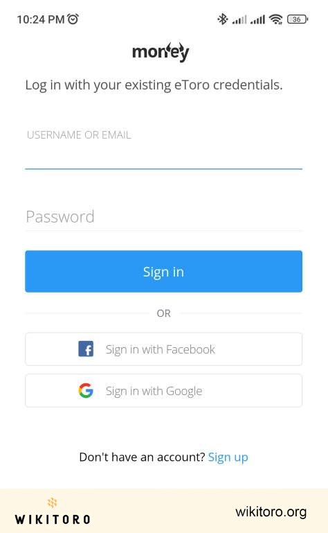 eToro Money-appens inloggningsskärm
