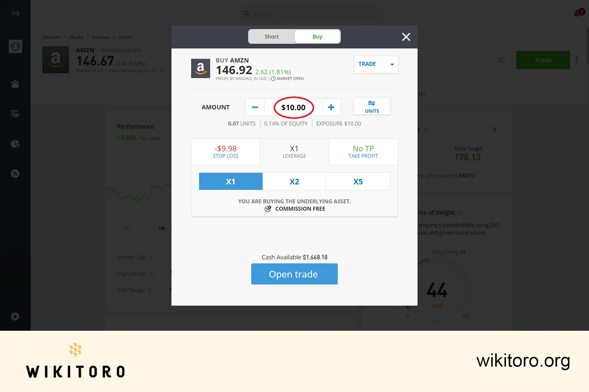 eToro Amazon minsta handel är $10
