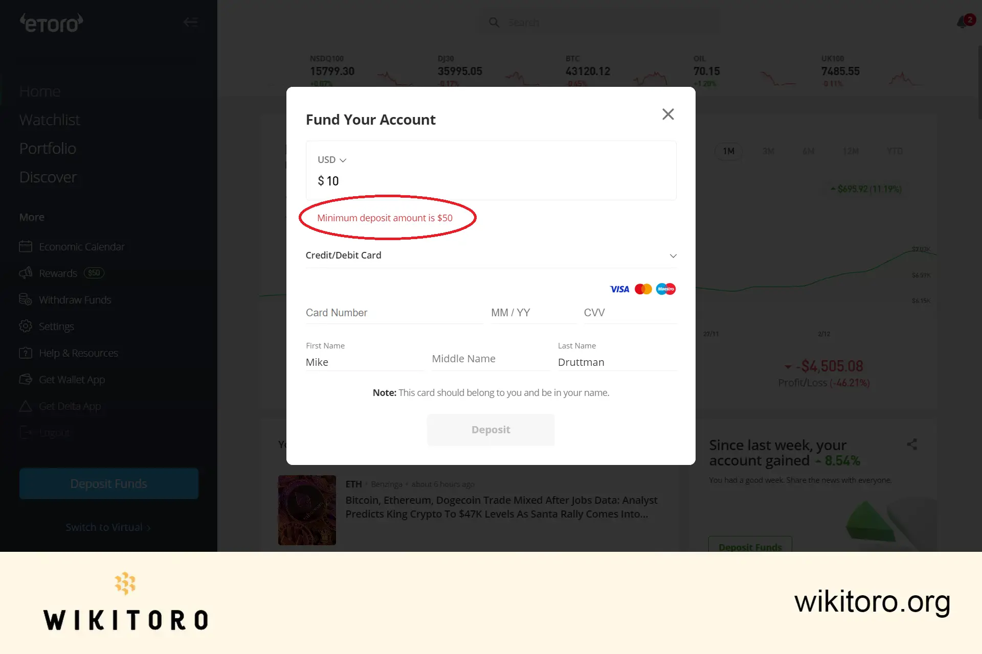 eToro lägsta insättningskrav