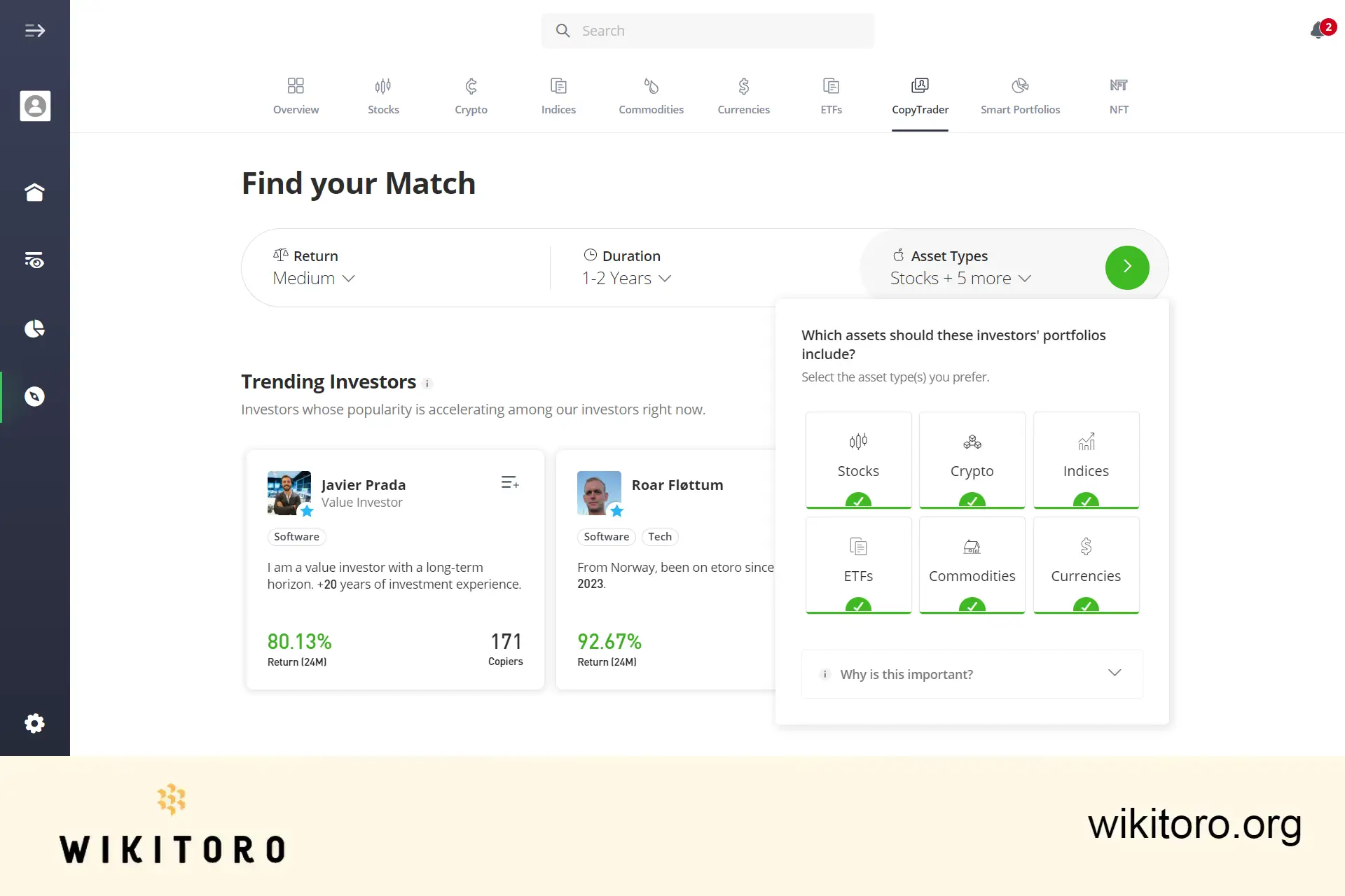 eToro copy trading filter