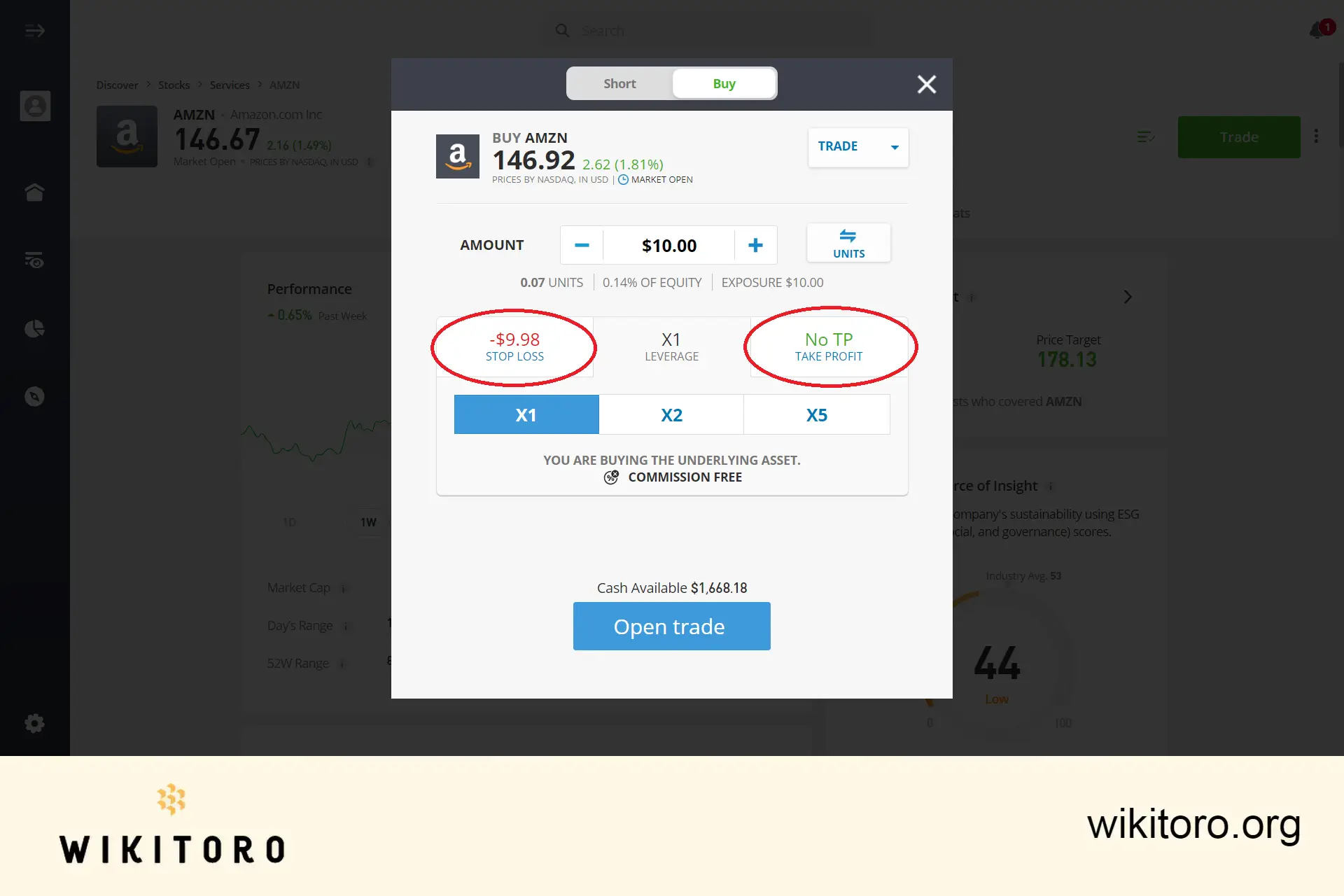 Ställa in eToro Amazon-aktier handelsparametrar
