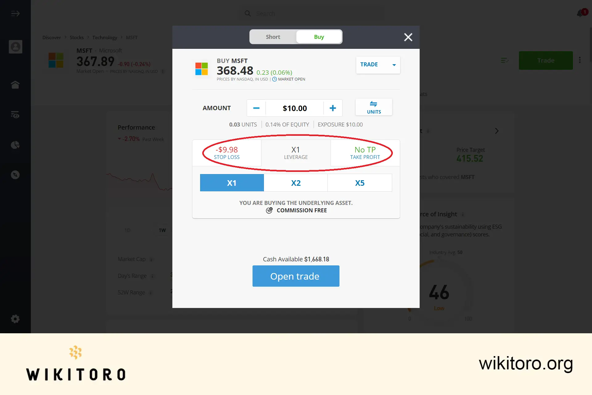 Ställa in eToro Microsoft-aktiehandelsparametrar