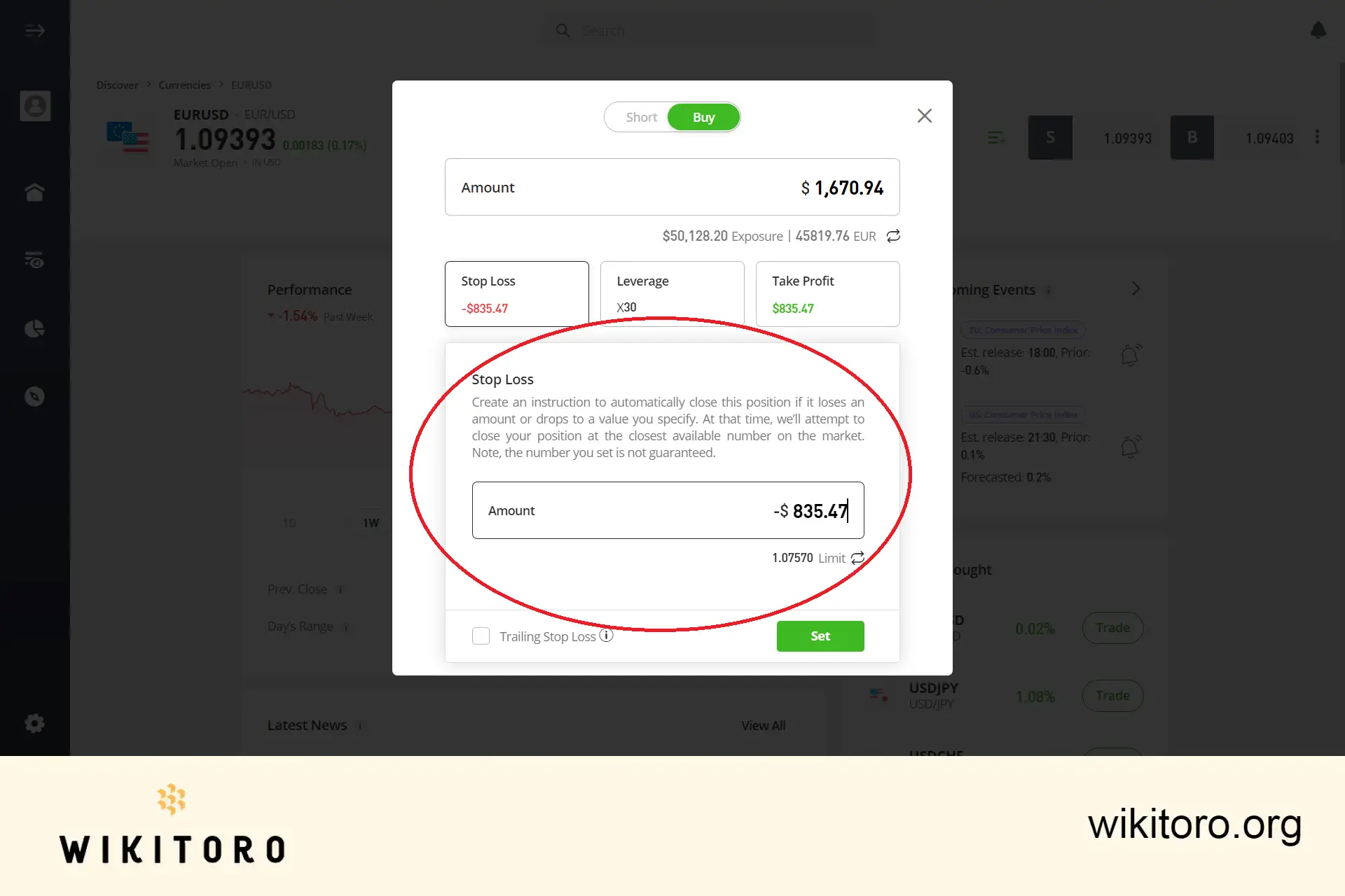 Ställa in eToro stop loss-belopp eller gräns