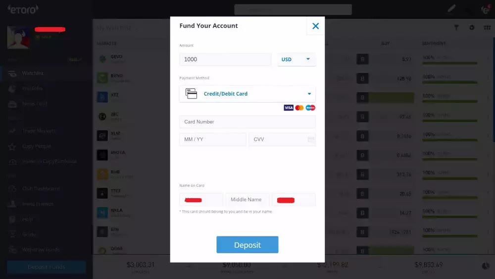 Gör en första insättning på 1000 USD med eToro