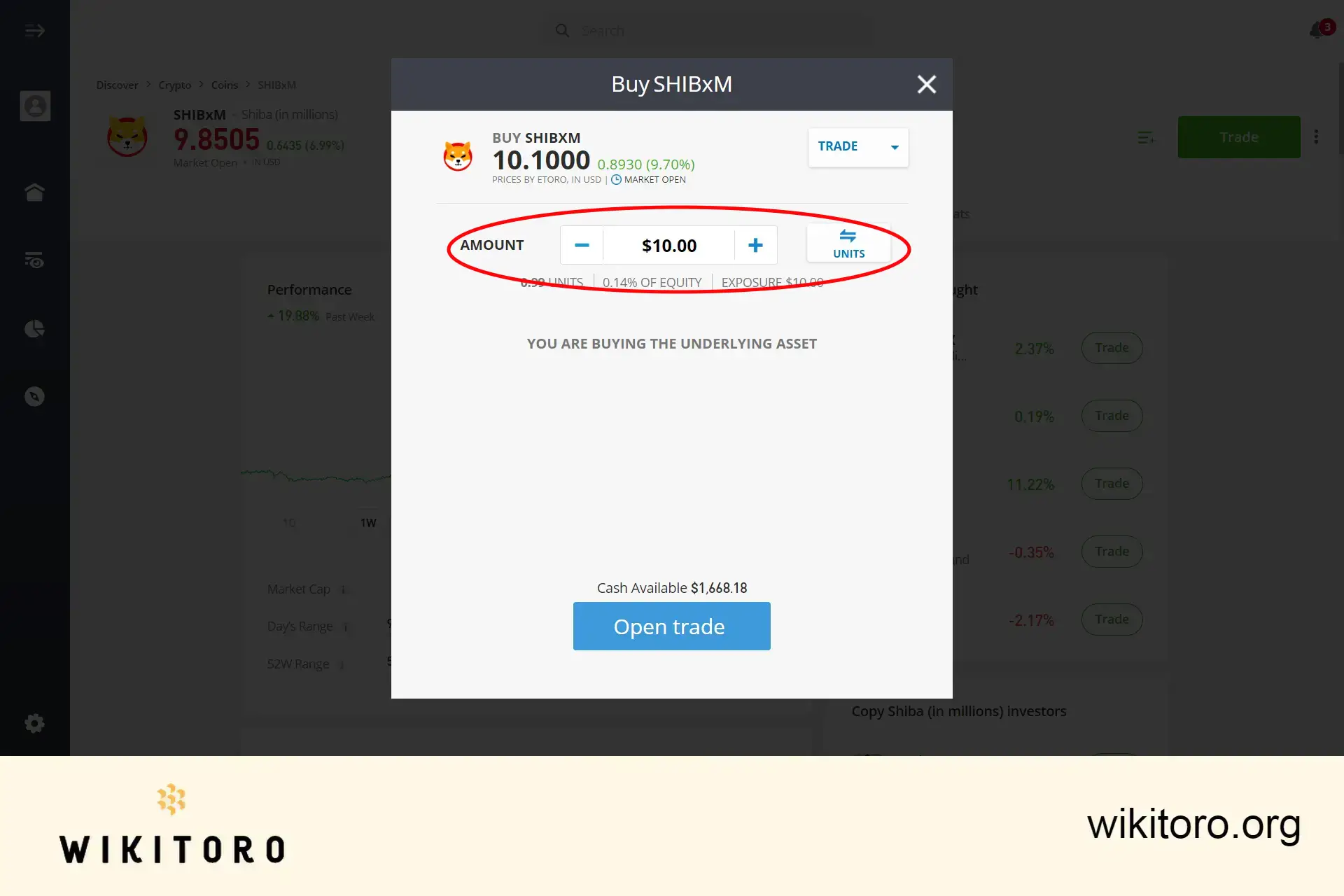 Inställning eToro Shiba Inu investeringsbelopp