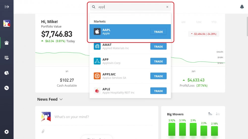 Söker efter Apple-aktier på eToro's plattform