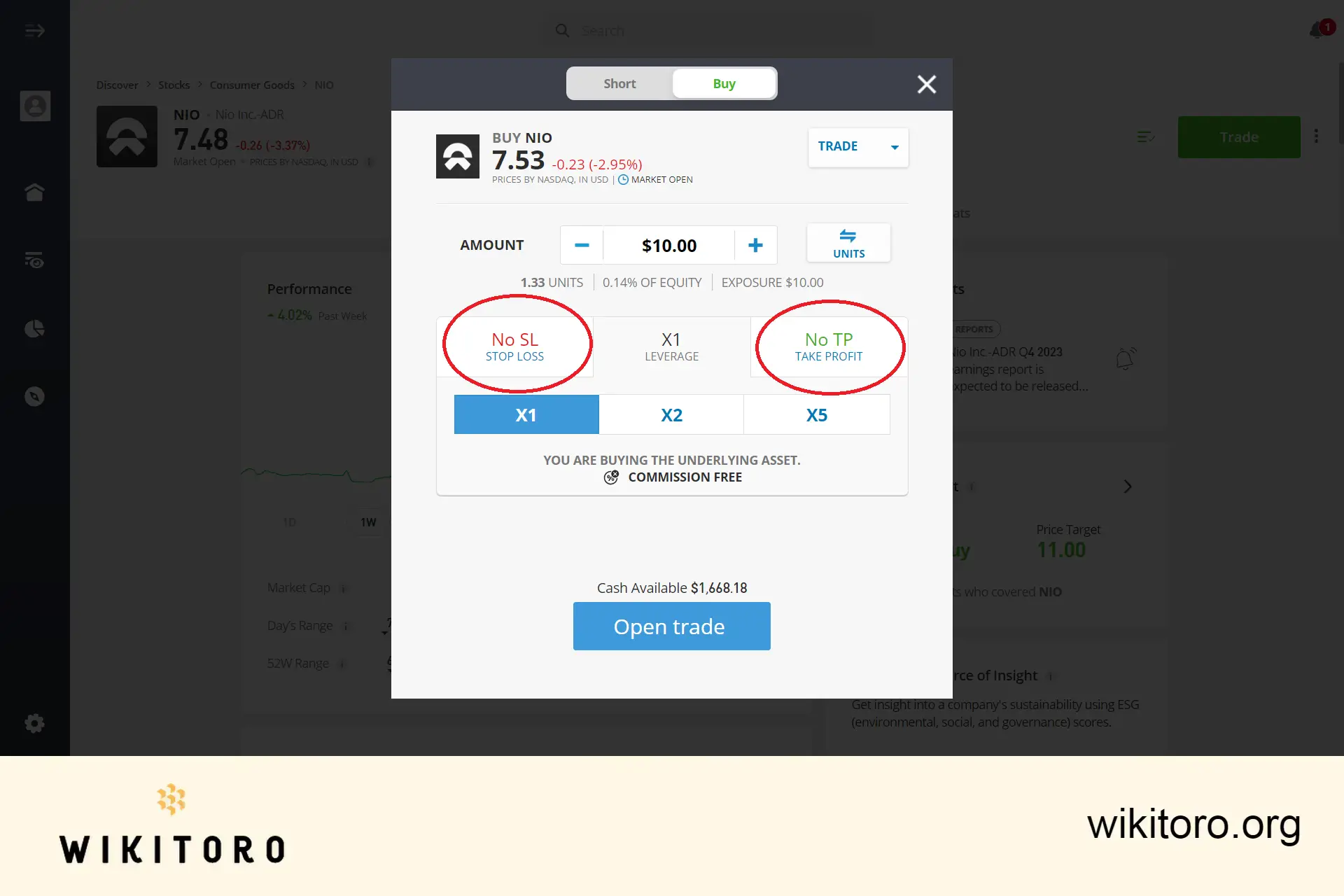 Inställning eToro NIO-aktier handelsparametrar