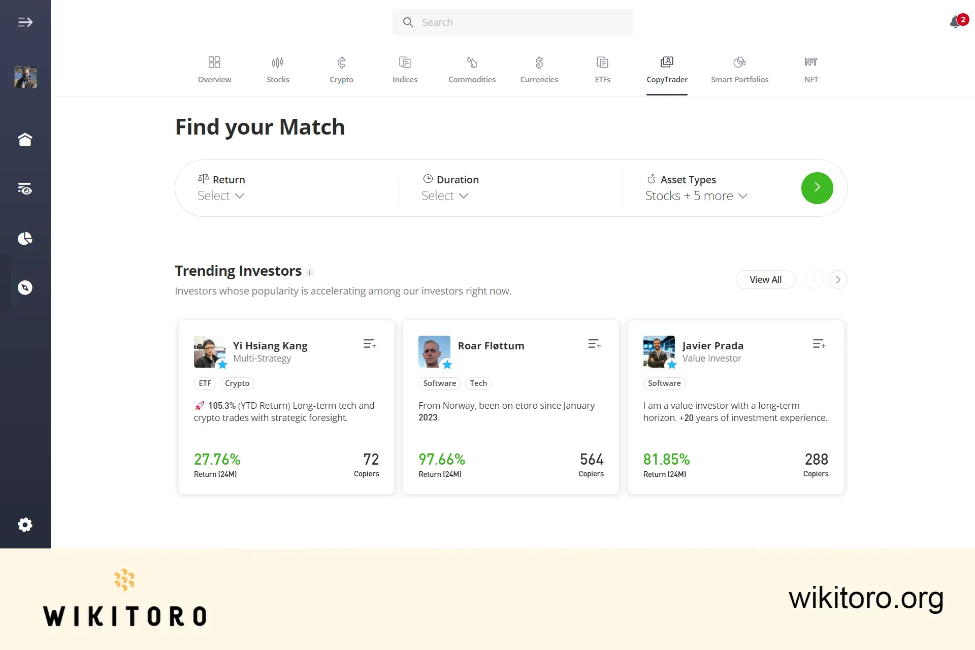 eToro CopyTrader-sida