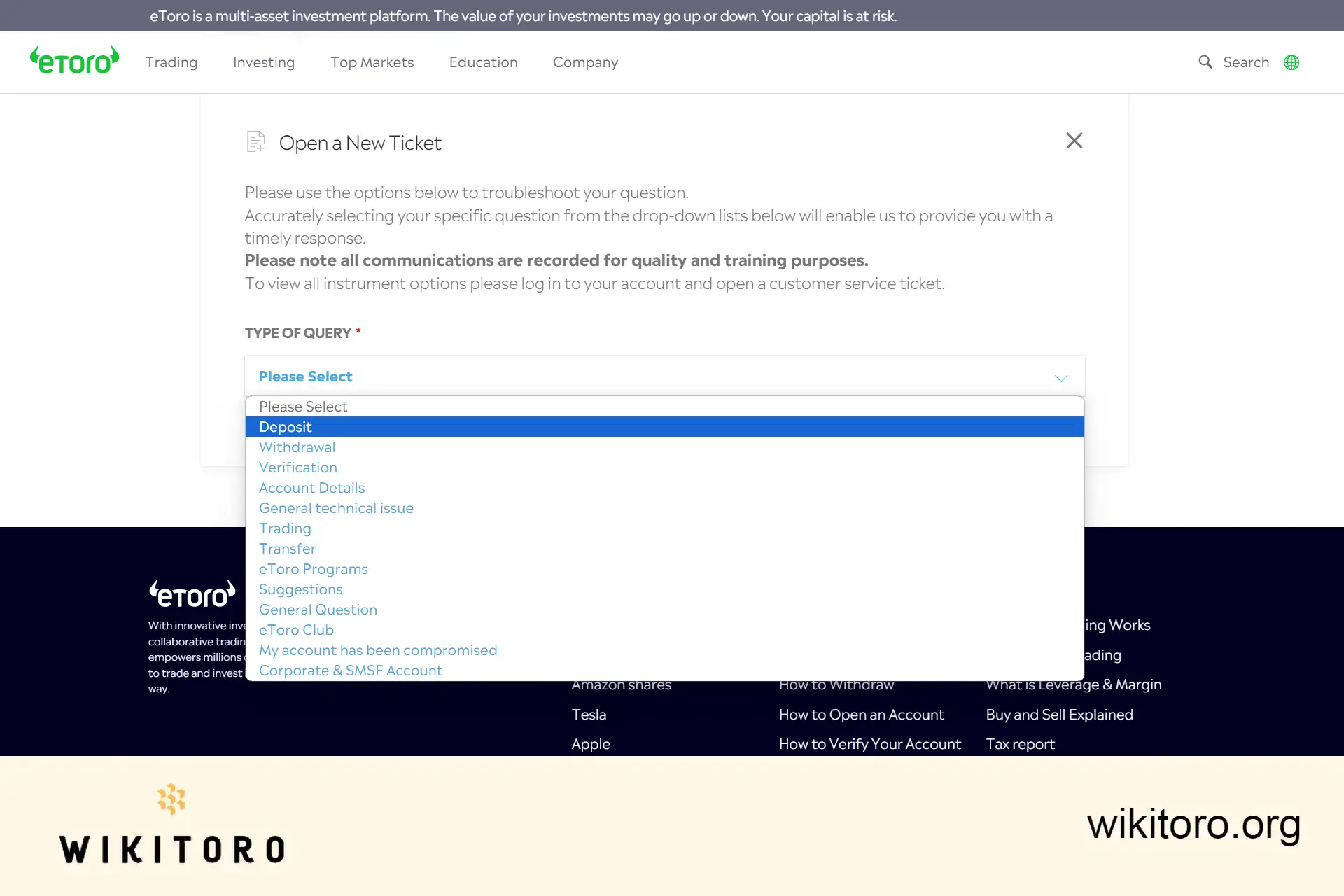 Öppnar en ny eToro-biljett