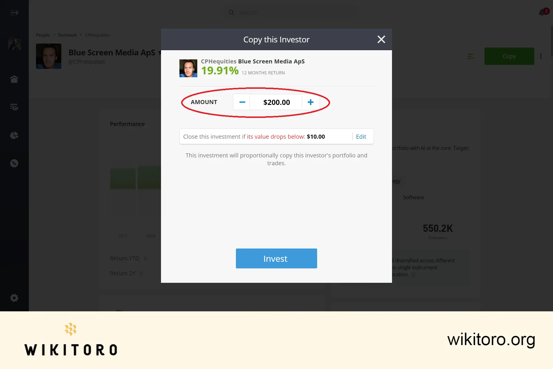 Inställning eToro kopiera handelsbelopp