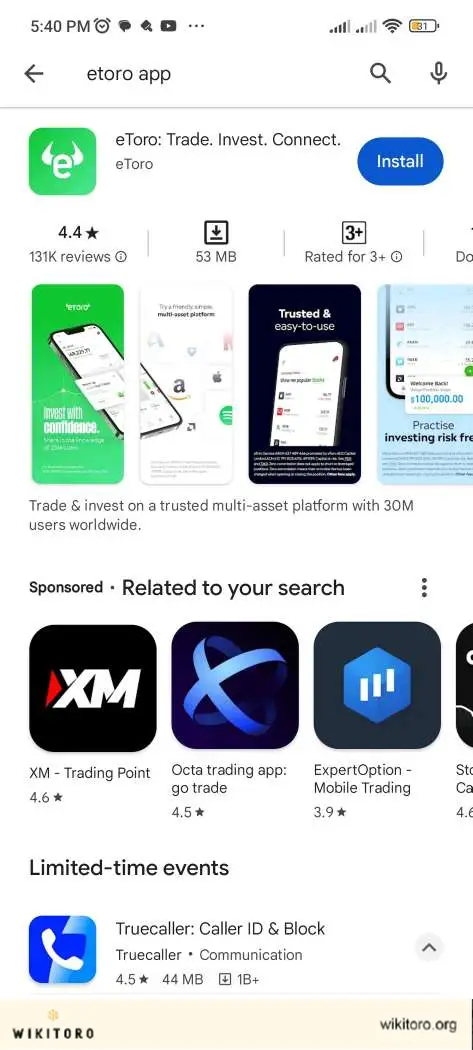 eToro-appen på Google Play Butik