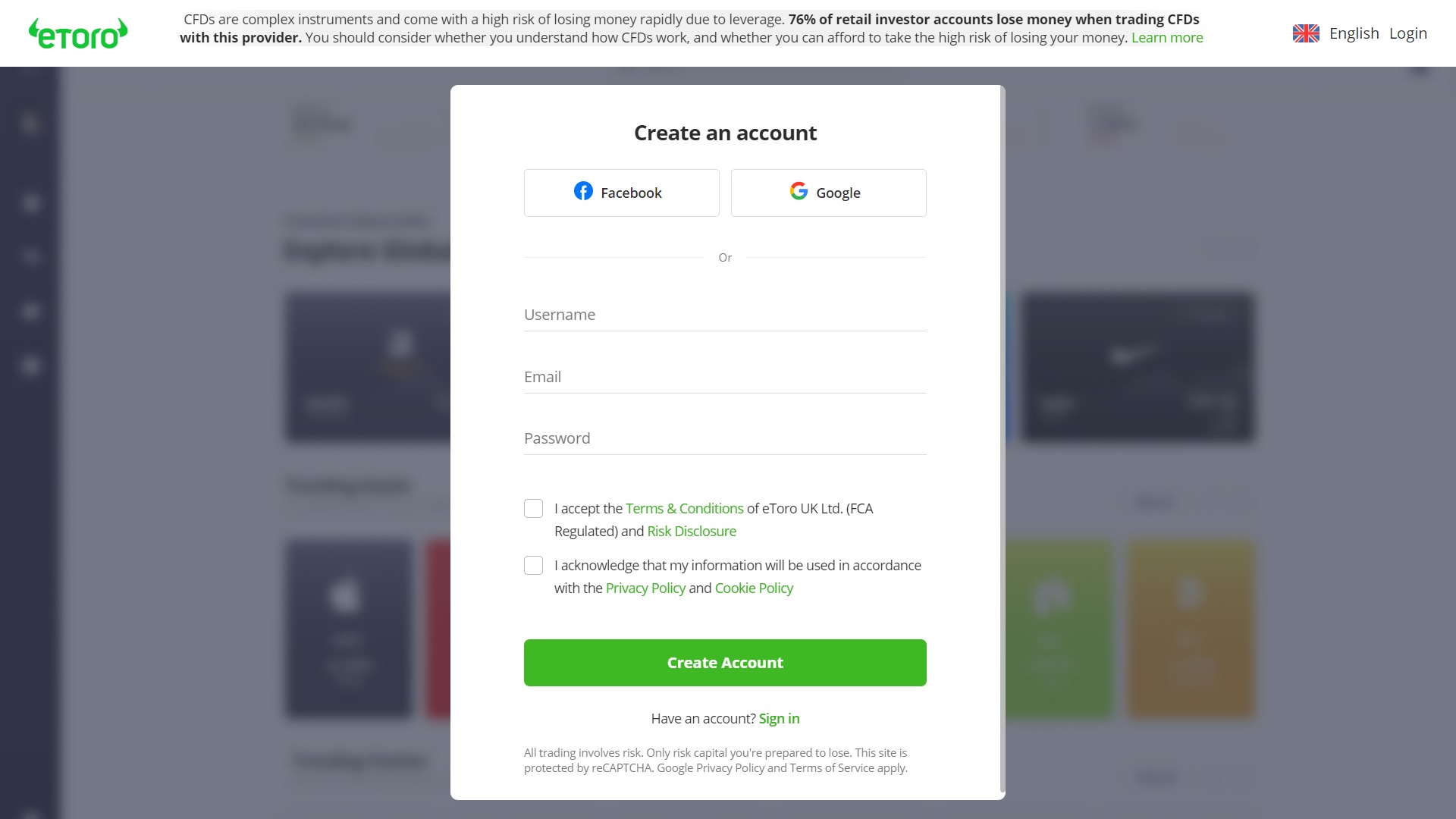 eToros registreringssida
